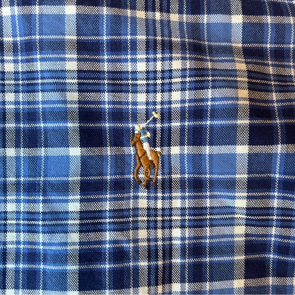 Ralph Lauren Blue and White Plaid Button-Down Shirt with Polo Player
